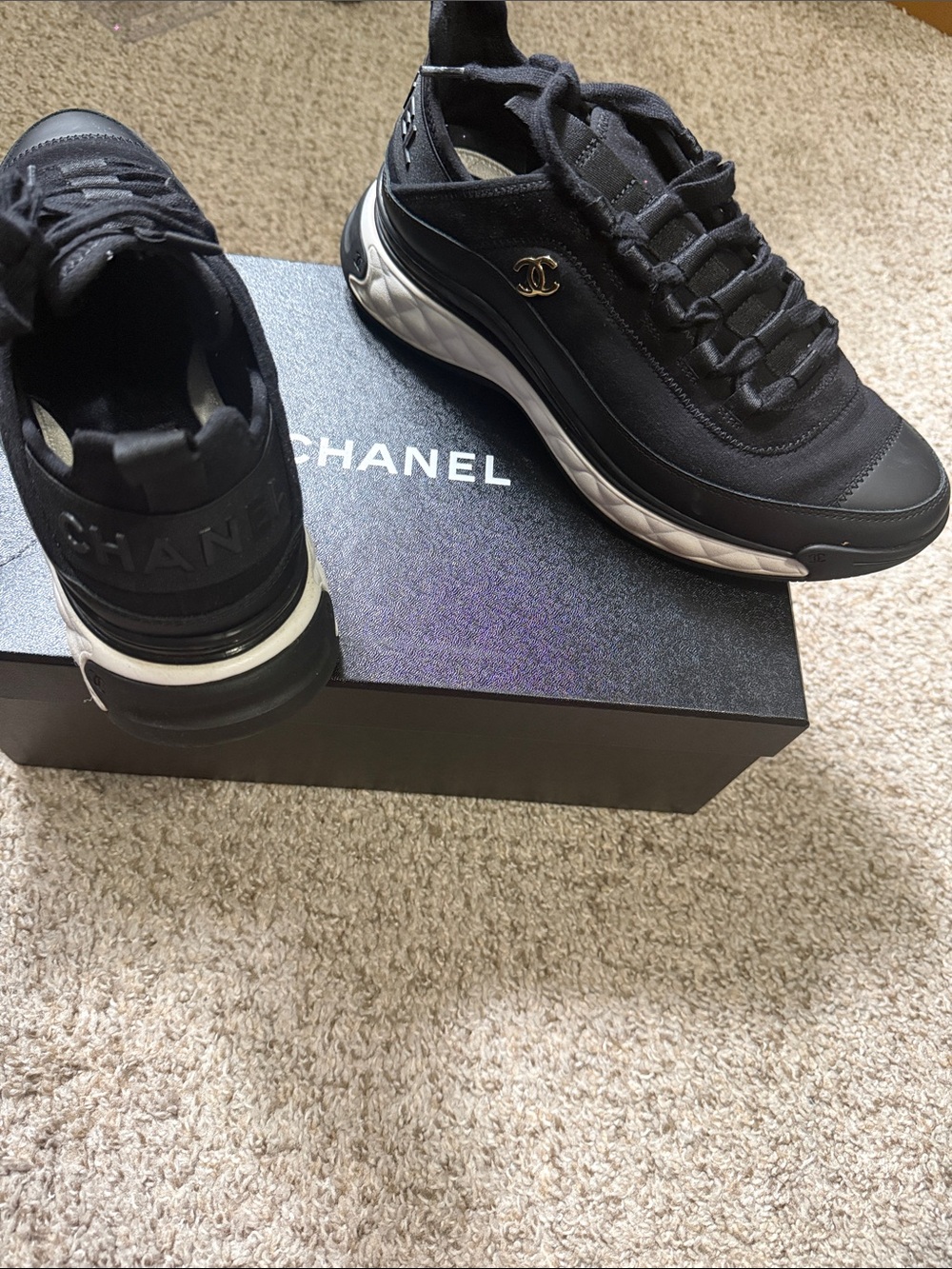 CHANEL Black Men's Low-Top Logo-Accent Sneaker